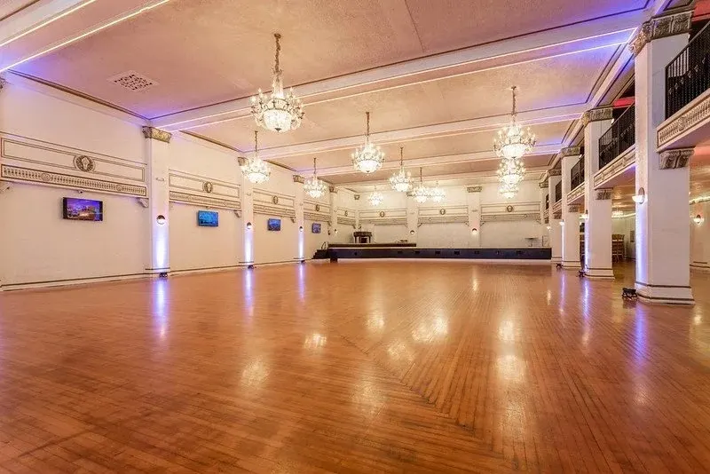 Downtown Compound, the Chateau Ballroom, chandeliers and mezzanine