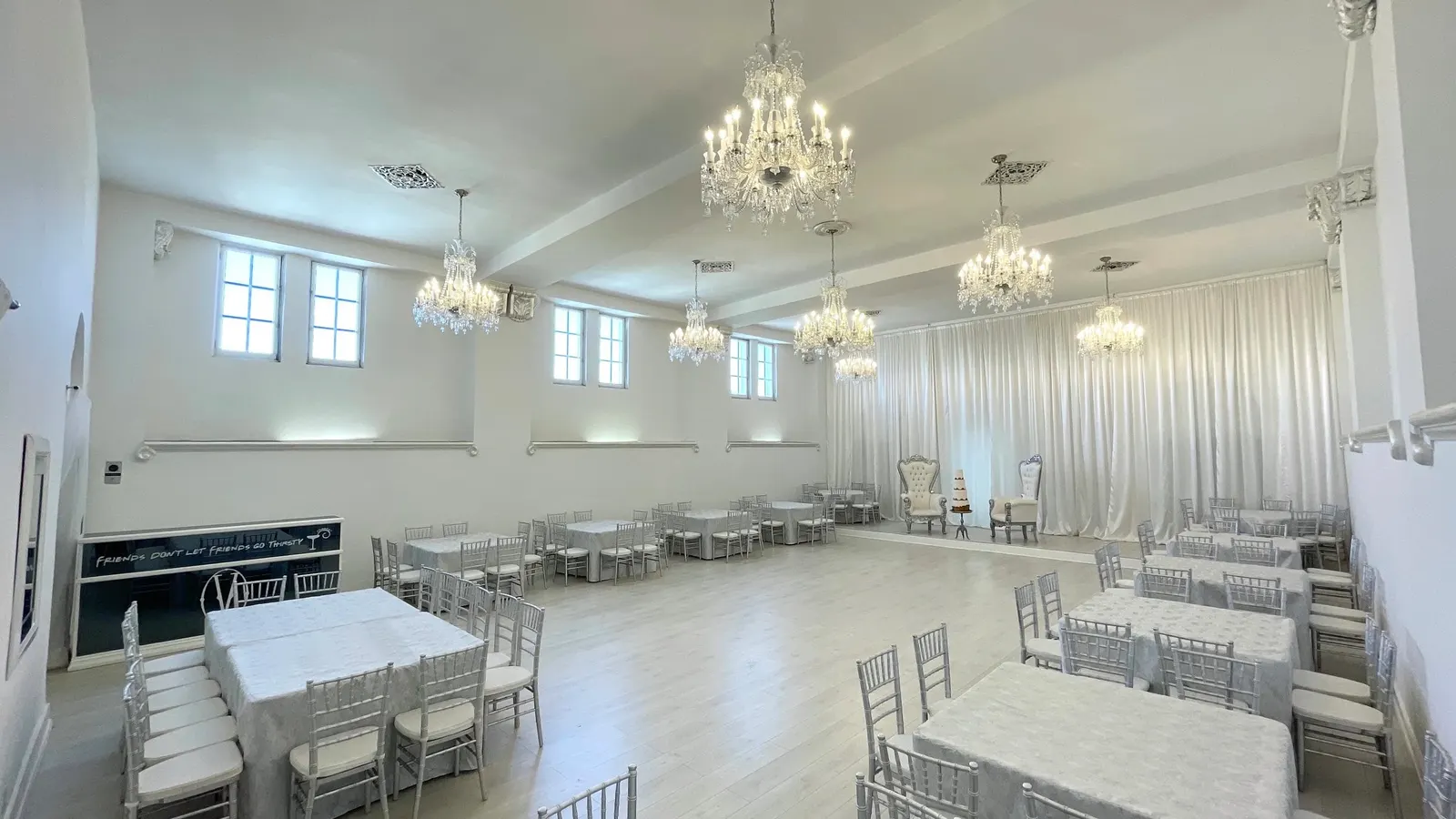 Downtown Compound, the Crystal Ballroom under chandeliers
