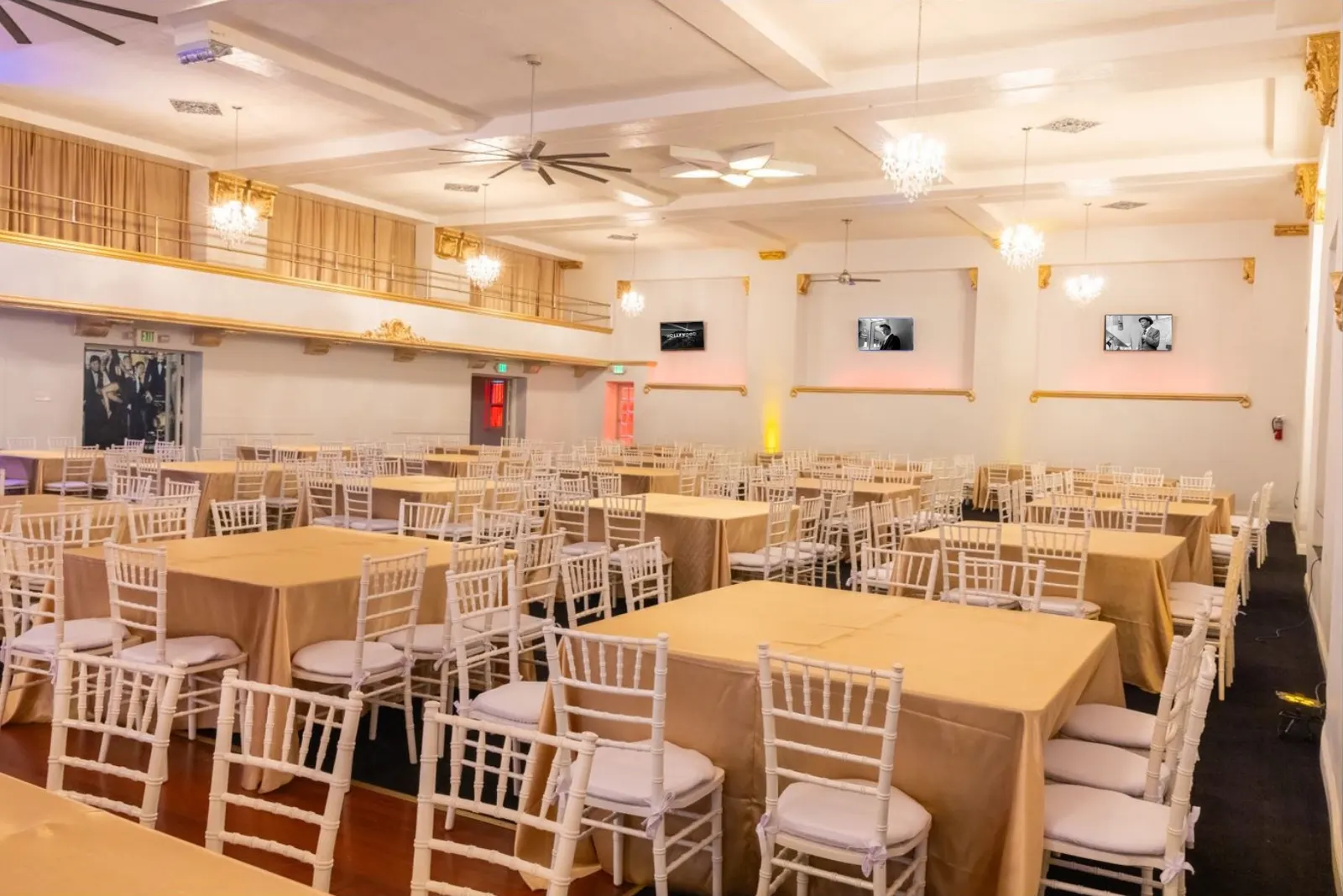 Downtown Compound, the Hollywood Ballroom set with gold linens