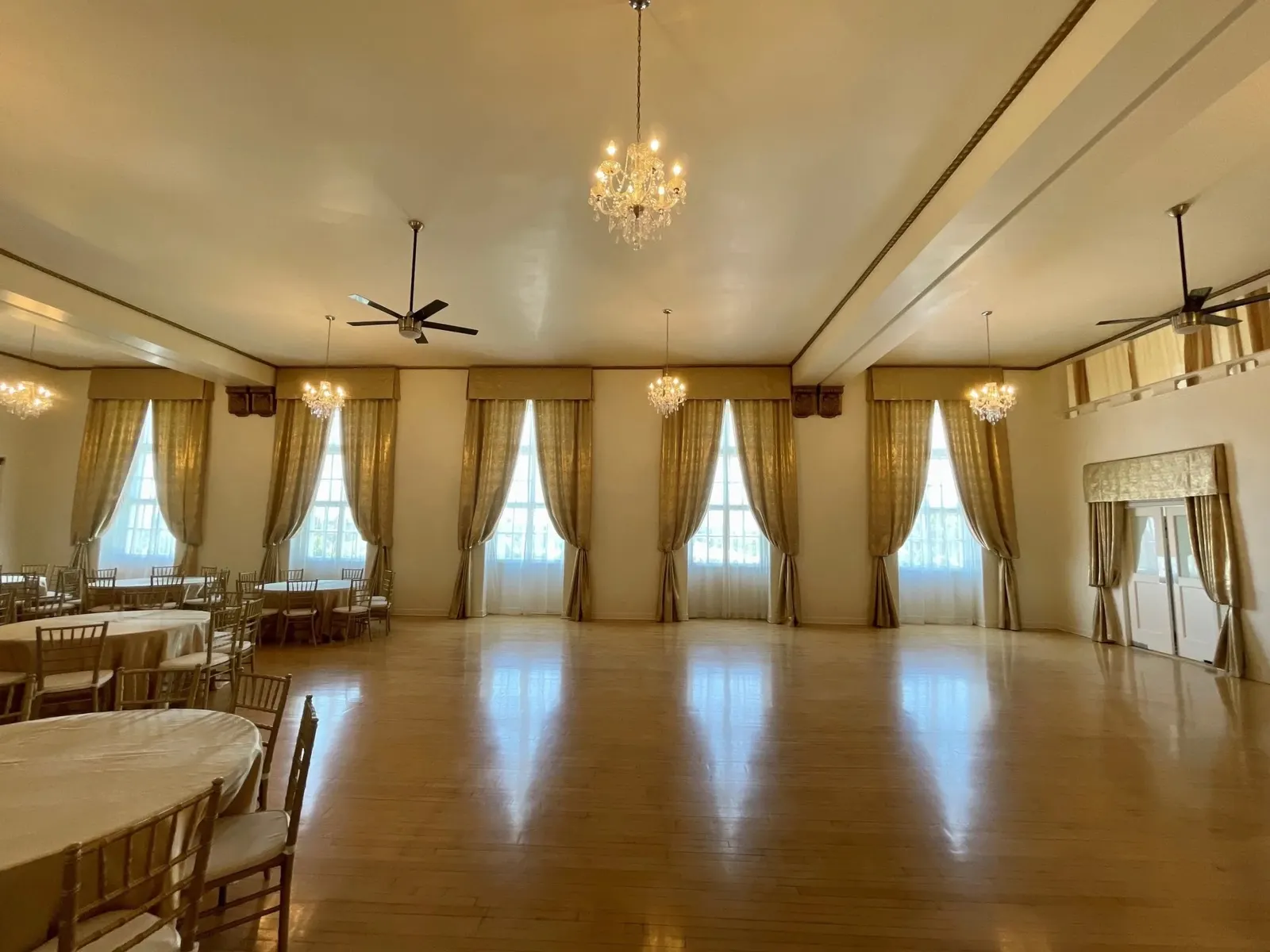 Sunset Room windows and chandeliers